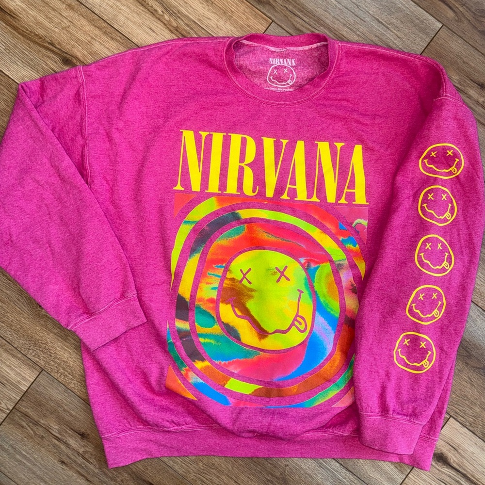 Nirvana Smile Sweatshirt Oversized Pink S/M Urban Outfitters 90s Grunge Rock - Picture 2 of 5